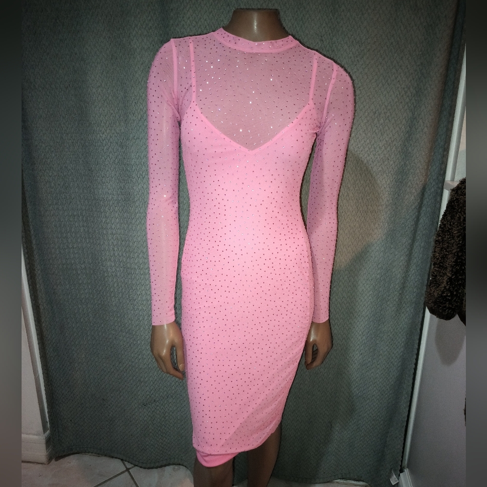 SOLD AFRM Begonia Pink Dress with Lining,  Rhinestones, Long Sleeve, Dress Sz XS